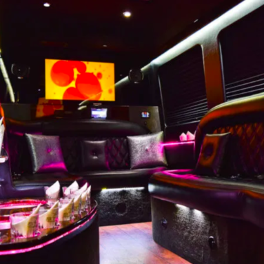 Limousine van seating, TV, and bar